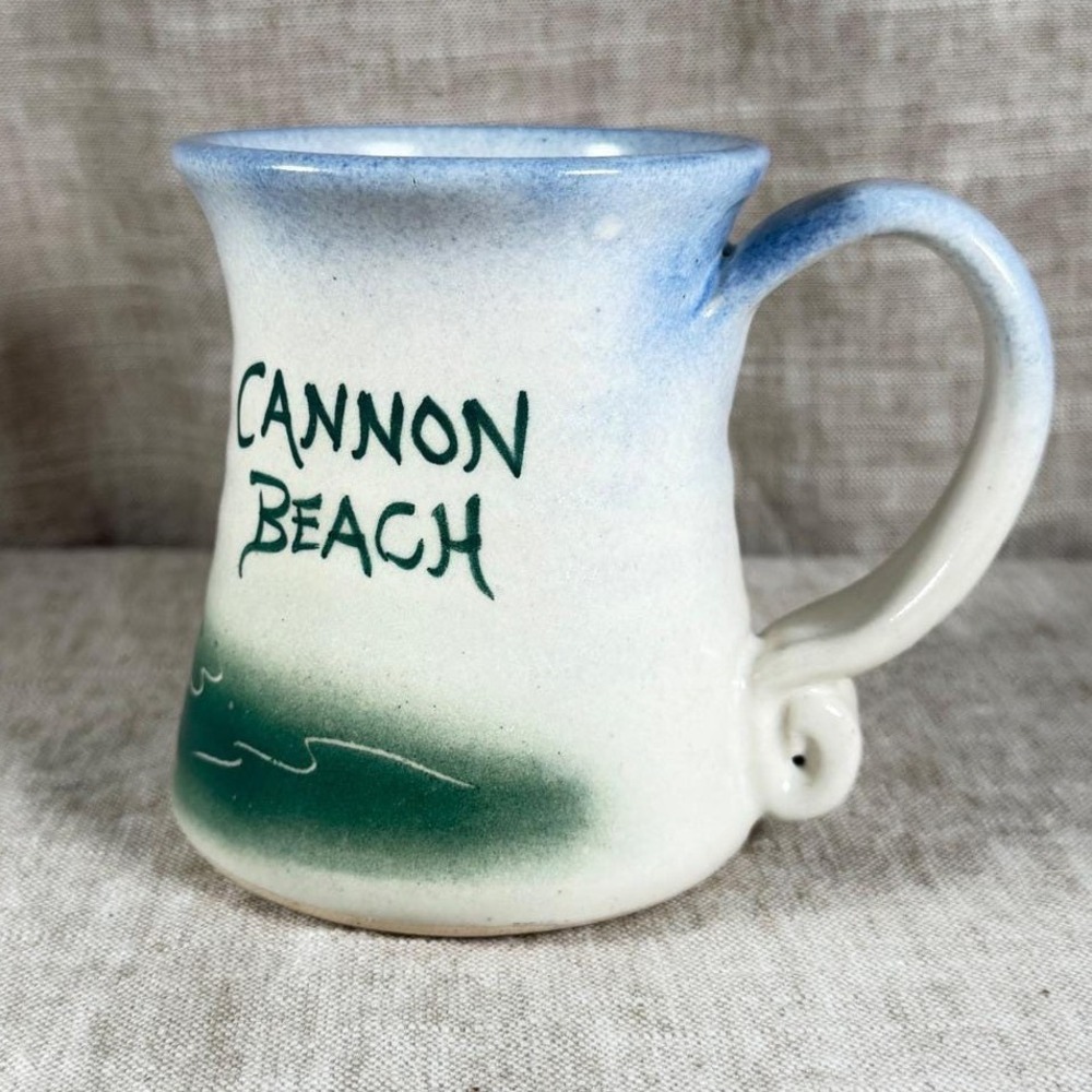 Studio Pottery Cannon Beach Mug Oregon Blue Green Good Vintage Haystack Rock